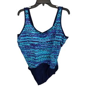 Lands' End NEW Navy Blue Boho Print One-Piece Swimsuit Built-In Shelf Bra 24W/DD
